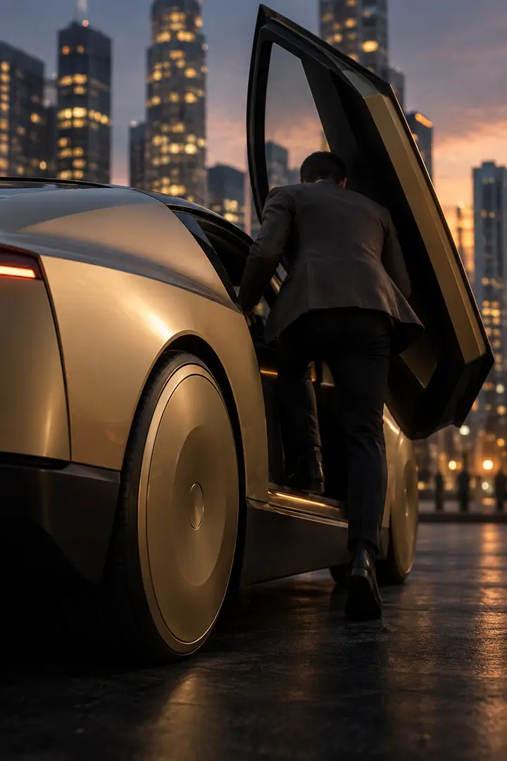 A rider stepping into a gold Verox cab at dusk