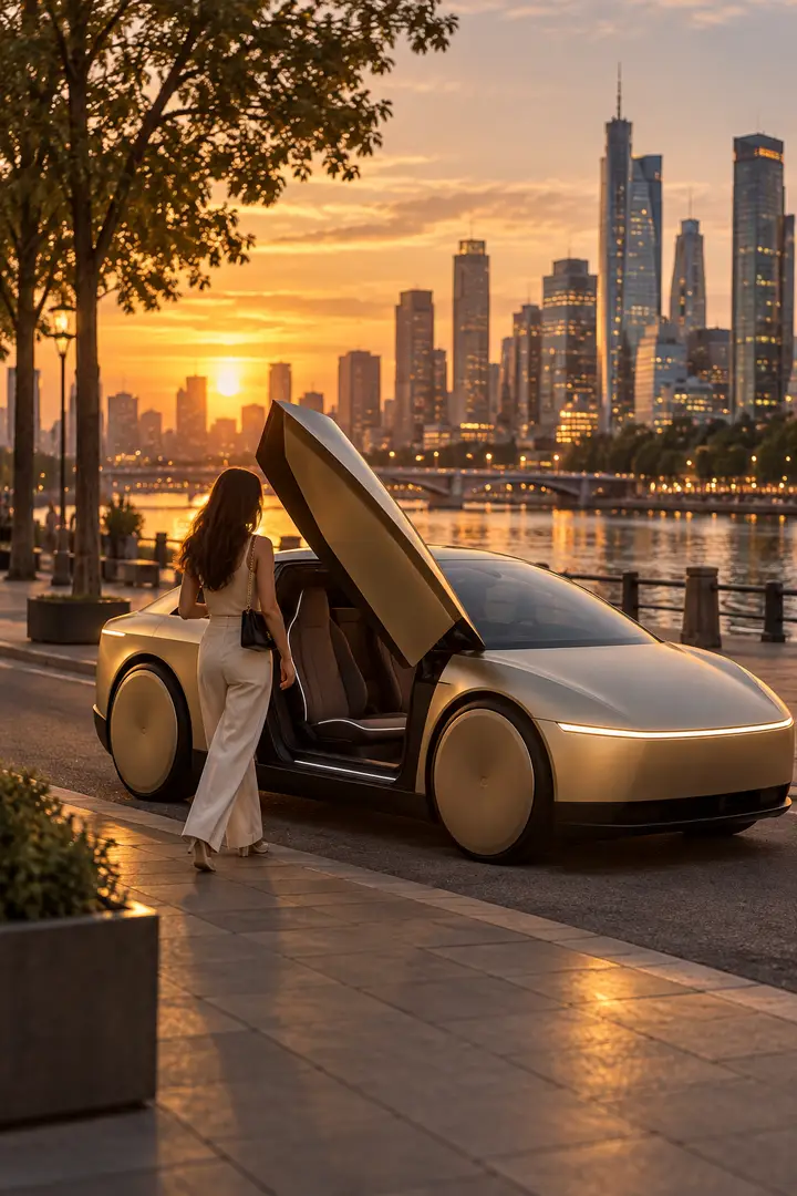 A woman walking to an open Verox cab on a riverside promenade at sunset