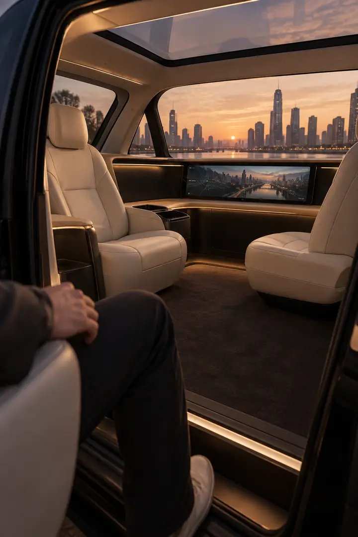 A passenger sitting down in the cream leather cabin of a Verox cab